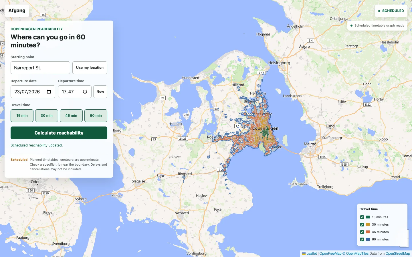 Afgang desktop reachability map showing four scheduled travel-time contours from Nørreport Station