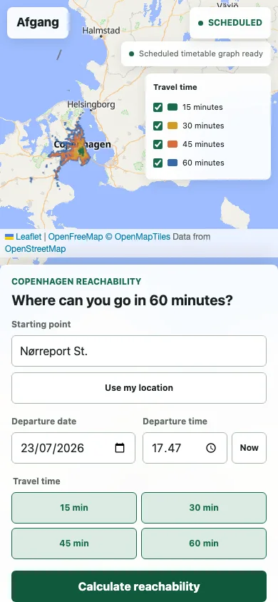 Afgang mobile reachability map with travel-time legend and calculation controls
